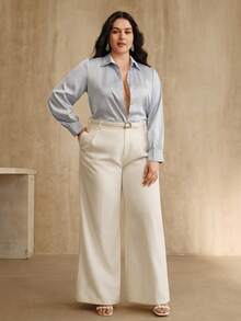 Anewsta Plus Size Women's Solid Color Rhinestone Embellished Collar Commuter Shirt - Blue - View 7