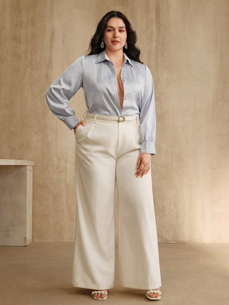 Plus Size Women's Solid Color Rhinestone Embellished Collar Commuter Shirt