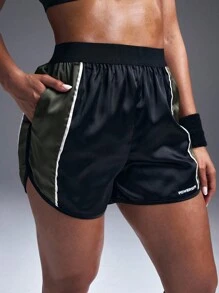 Powerista Pantalones cortos deportivos casuales de cintura alta con bloques de color - Negro - Ver 4