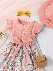 SHEIN Vintaside Kids Vestido estampado floral para niña joven con ribete de volantes y cinturón, y sombrero a juego - Rosa - Ver 3