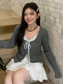 Dazy Plus 撞色拼接二合一系带长袖T恤，大码女款秋季