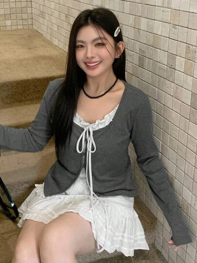 Dazy Plus 撞色拼接二合一系带长袖T恤，大码女款秋季