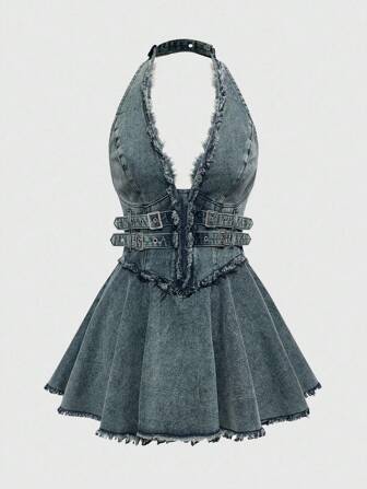 Grunge Punk Back To School Y2K Frayed Hem Washed & Distressed Shoulder Cutout Ruffle Hem Super Mini Denim Slip Dress, Light Blue Denim Halter Dress