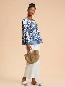 Travachic 女士印花系领宽松度假衬衫，长袖蓝白印花上衣，蓝白印花女式夏季衬衫，波西米亚风衬衫，田园风衬衫，休闲女装，秋季女装，时尚秋季，外出，乡村风格女装 - 藍白色 - 查看 3