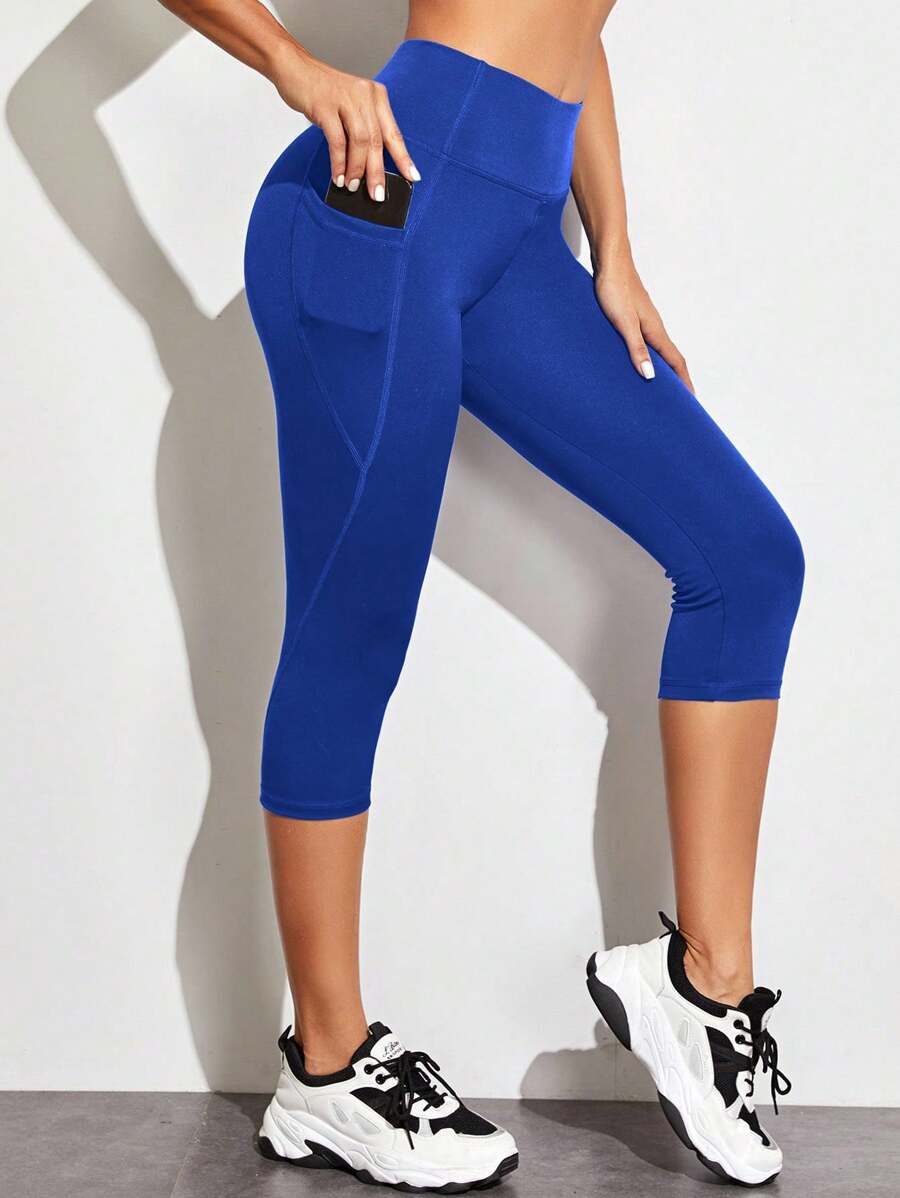 SHEIN Cheerettes Solid Color High Waist Seamless Side Pocket Yoga Leggings - Blue - View 1