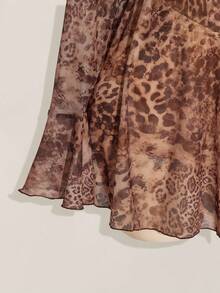 SHEIN ICON Plus Size Women's Leopard Mesh Print V-Neck Ruffle Trim Mini Dress, Y2k, Suitable For Autumn, Date, , Fall Dresses Women,Elegant Clothes - Multicolor - View 7