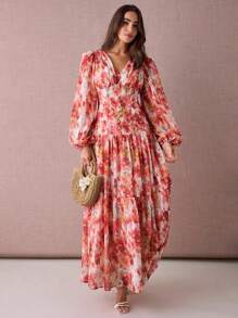 Enchnt Rochie elegantă pentru femei cu imprimeu floral, decolteu în V, mâneci tip felinar, tiv cu volane - roșu - Vizualizare 3