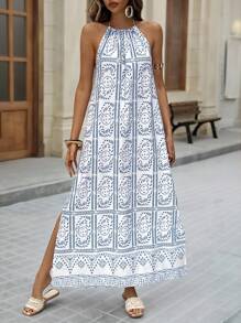 Brillora 女士露背流苏系带高开叉休闲连衣裙，适合度假 - 彩色 - 查看 2