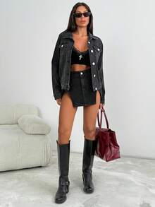 翻盖口袋纽扣前牛仔夹克 - 黑色 - 查看 4