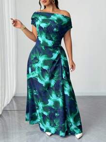 Elenzga 加大码印花性感不对称领口褶饰腰部优雅连衣裙