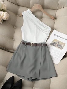 Franclia Bộ đồ hai mảnh màu đen trơn co giãn cao, thoải mái khi đi làm, áo xếp ly một bên vai và quần váy kaki có túi giả kèm thắt lưng, thời trang thường ngày cho nữ khi đi học đại học - Màu Xám nhạt - Xem 4