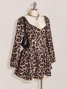 SHEIN ICON Plus Size Leopard Print Lantern Sleeve Cinched Waist A-Line Mini Dress,Beige,Autumn,Classy,Night Out Club,Y2K Style Long Sleeve Dates Parties Dress - Multicolor - View 4