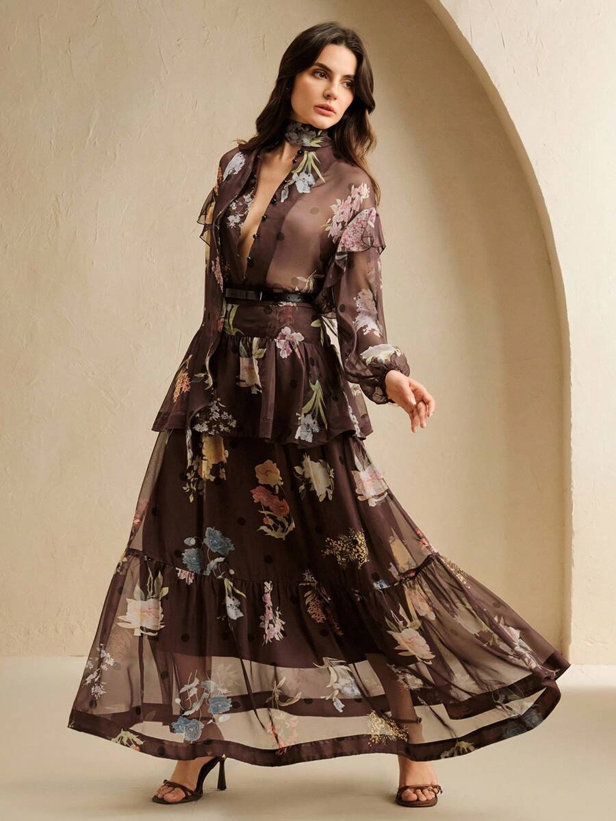 Anewsta Women's Floral Print Mesh Drop Shoulder Ruffle Trim Loose Fashion Blouse - Brown - View 1