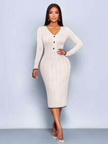 SOLERSUN 夏季休闲优雅简约开领V领撞色边修身长裙波浪针织面料连衣裙夏装女装日常外出通勤 - 杏色 - 查看 4