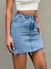 EURMUSE Petite Solid Mini Denim Skirt - Medium Wash - View 6