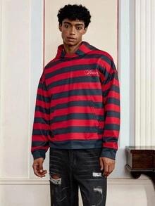 SWAVVY Men's Casual Hoodie With Digital Print Red And Black Striped Long Sleeve Sweatshirt, Spring/Autumn, For Fall Winter - Multicolor - View 6