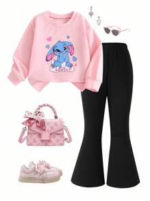 Young Girl Cartoon Print Sweatshirt And Flare Pants Set Fall Winter - Multicolor - View 6