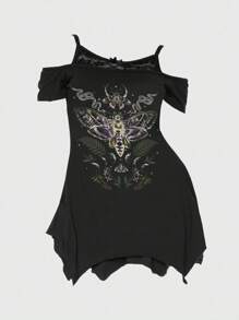 ROMWE Goth 哥特式神秘蛇皮与花卉印花不对称下摆露肩蕾丝吊带黑色加大码 T 恤 - 黑色 - 查看 3