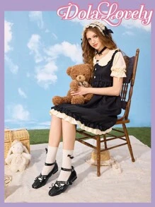 Dola Lovely Giày ba lê kim loại khóa chéo màu xanh satin dễ thương mới cho nữ mùa xuân, giày bệt nữ thanh lịch ngọt ngào cỡ lớn - màu đen - Xem 2