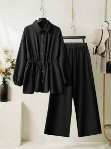 SHEIN Essnce Plus Size Women's Spring And Summer Fashion Casual Loose Comfortable Daily Cool Fabric Apricot Long Sleeve Button Waist Shirt And Wide Leg Pants Two Pieces Set, Conservative Clothing, Pants Set