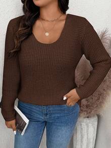 SHEIN Frenchy Plus Size Casual Solid Color Bow Decor Sweater, Autumn/Winter - Brown - View 3