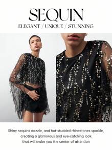 Maija Women's Sparkle Sequined Mesh Top With Flare Sleeves, Perfect For Parties,Autumn Outfits For Women, Christmas Women's Clothing