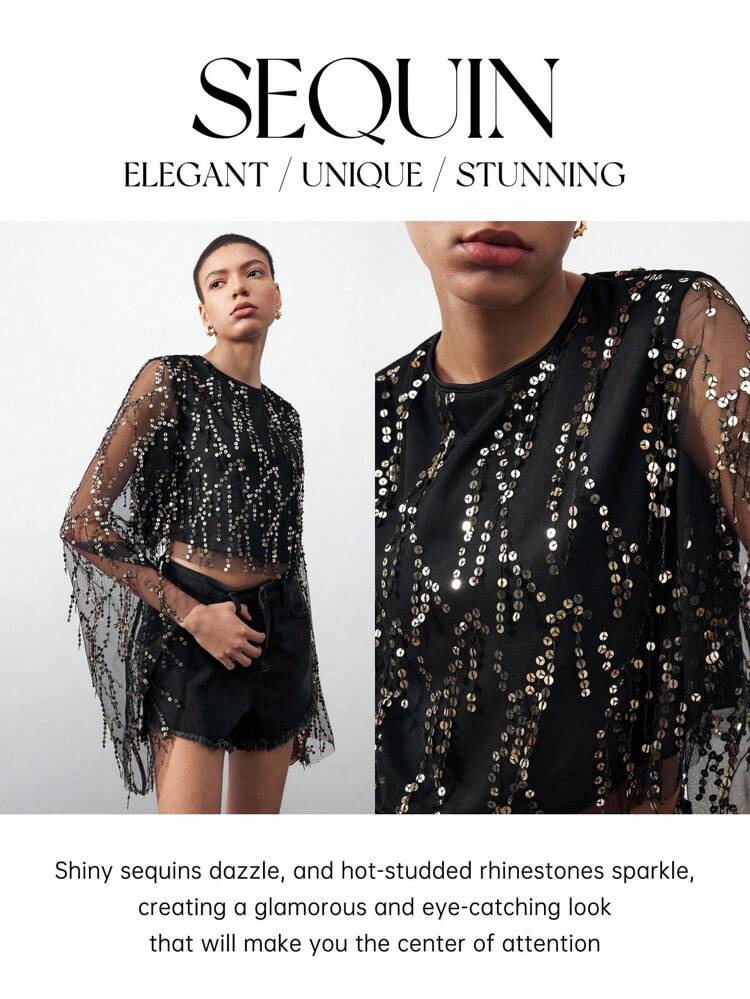 SHEIN Maija Top en maille pailletée et sequinée avec manches évasées, parfait pour le jour de la Saint-Patrick, les fêtes de Pâques, les vacances d'été à la plage ou la remise des diplômes