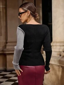 Lavishia Women's Grey And Black Contrast Color Cable Knit Fitted Sweater Fall Clothes For Women - Black and White - View 2