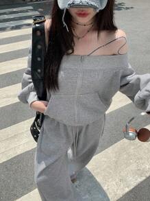 DAZY 女士露肩长袖运动衫和宽松休闲裤两件套，韩版，春秋 - 灰色 - 查看 7