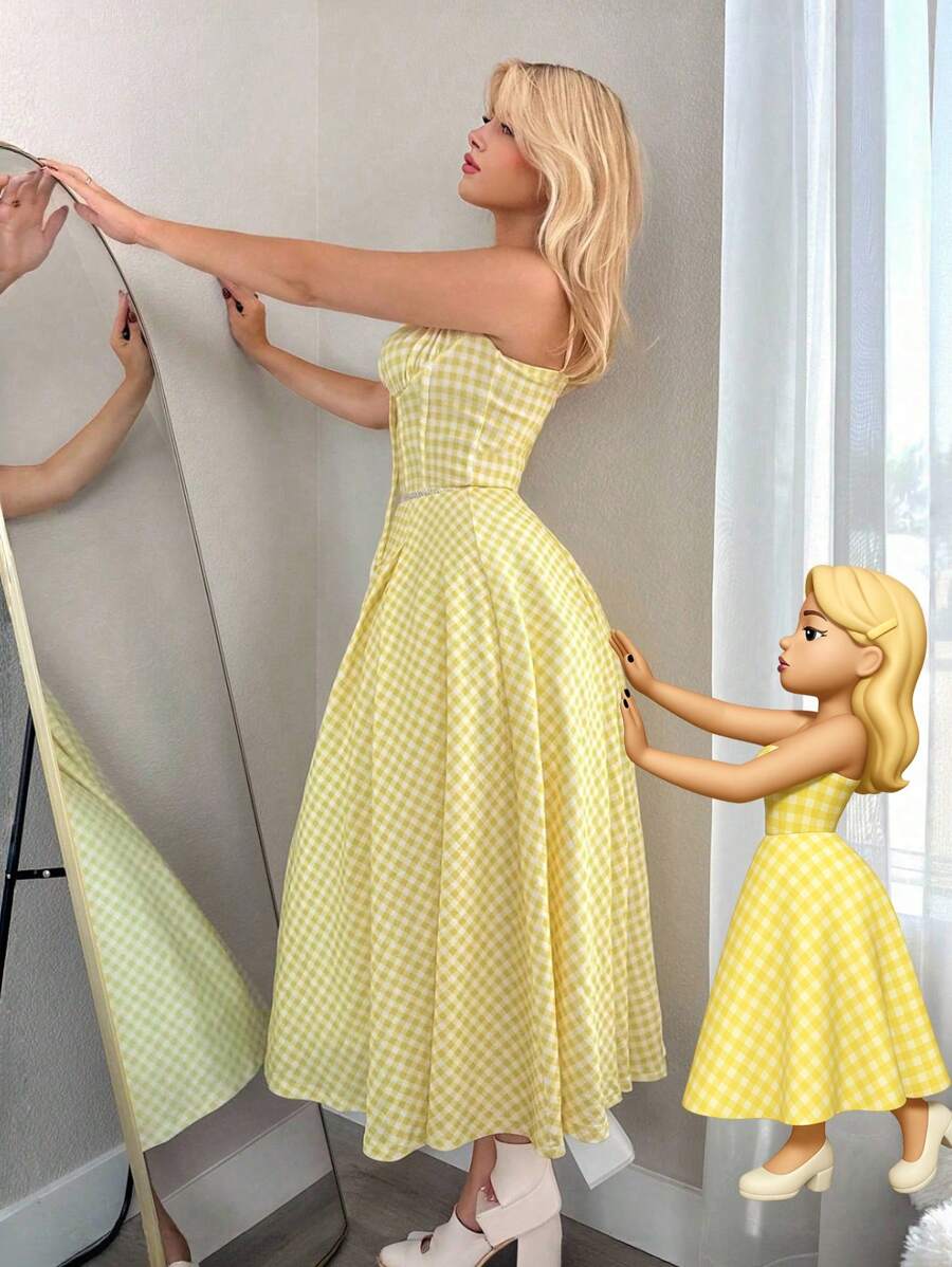 Sweetina Women's Yellow Plaid Spaghetti Strap Flowy A-Line Sundress, Sexy & Chic For Picnic, Casual Date, Vacation, Party, Home Yellow Gingham Dress Yellow Picnic Dress Lemon Dress Gingham Sundress Yellow Dress Fall Women Clothes - Multicolor - View 1