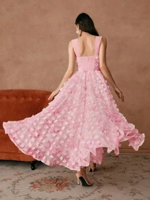 Savoree Women's Elegant Romantic Pink Floral Print 3D Flower Drawstring Waist A-Line Corset Off-The-Shoulder Dress