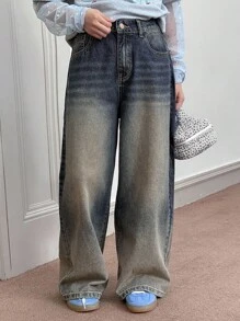 DAZY Tween 女童休闲破洞阔腿牛仔裤 - 藍色 - 查看 5