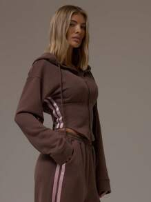 MUSERA Balloon Sleeve Contrast Pipping Cinched Waist Hooded Sweatshirt Casual, Airport, Loungewear, Back To School, Fall  Lounge Winter Spring Summer Vacation - Brown - View 3