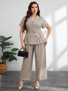 Modelyn Bộ vest 2 món cỡ lớn dành cho nữ: Áo khoác tay ngắn có eo điều chỉnh và quần ống đứng, trang phục công sở thanh lịch - Màu be - Xem 3