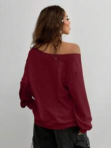 Coolane 女式秋冬休闲针织地名图案单肩运动衫 - 酒紅色 - 查看 2