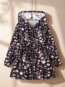 SHEIN 秋冬季青少年女孩休闲碎花连帽束腰中长外套 - 藍色 - 查看 3