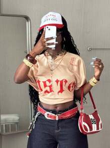 Coolane 女式夏季酷女孩街头服饰外出运动复古透气网眼图案棒球超大 V 领卡其色针织 T 恤 - 彩色 - 查看 2