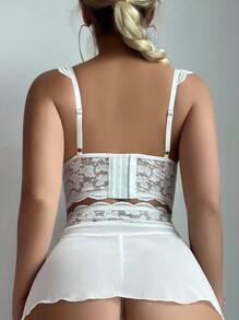 SHEIN 5pcs Set: Lace Splice Mesh Ruffle Strap Bow Bra Top + G-String + Slit Suspender Skirt + 2pcs Stockings, Sexy For Going Out - White - View 2