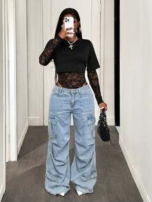 BamGleam 女士长袖性感蕾丝紧身衣 - 黑色 - 查看 1