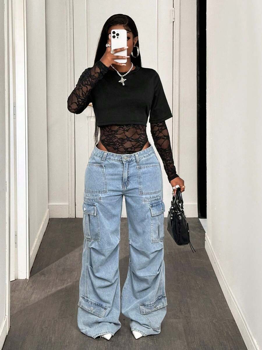 BamGleam 女士长袖性感蕾丝紧身衣 - 黑色 - 查看 1