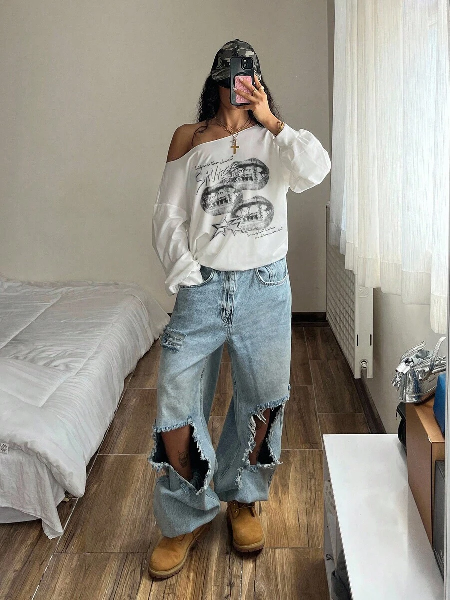 StreetHx 女式斜肩薄款运动衫，长袖，唇印，朋克与亚文化设计，白色 - 白色 - 查看 1