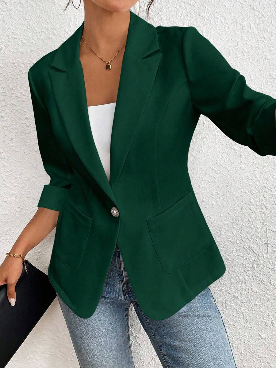 Chiquease Spring & Summer Casual Commuter Solid Color Lapel Neck Raglan Sleeve Fashion Blazer - Dark Green - View 1