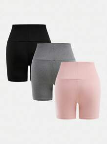 SHEIN Girlism 3条/套 少女修身休闲纯色舒适宽腰短裤 女童骑行短裤 女童瑜伽短裤 3条装短裤