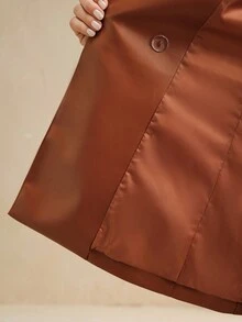 Anewsta Women's Brown Pleated Tie Waist Pocket Glossy PU Leather Elegant Blazer, Autumn/Winter - Brown - View 8
