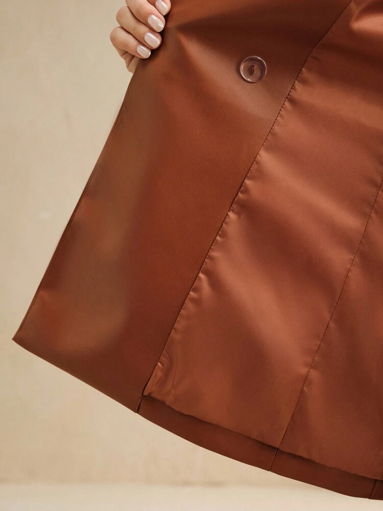 Women's Brown Pleated Tie Waist Pocket Glossy PU Leather Elegant Blazer, Autumn/Winter