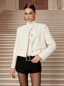 SHEIN Unity Fall Women Clothes, Winter Fashion Design, Light Luxury Elegant, Knitted Crop Top Jacket - Beige - View 3