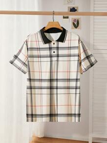 EASEVO Plus Size Men's Plaid Pattern Polo Shirt, Suitable For Summer - Khaki - View 1