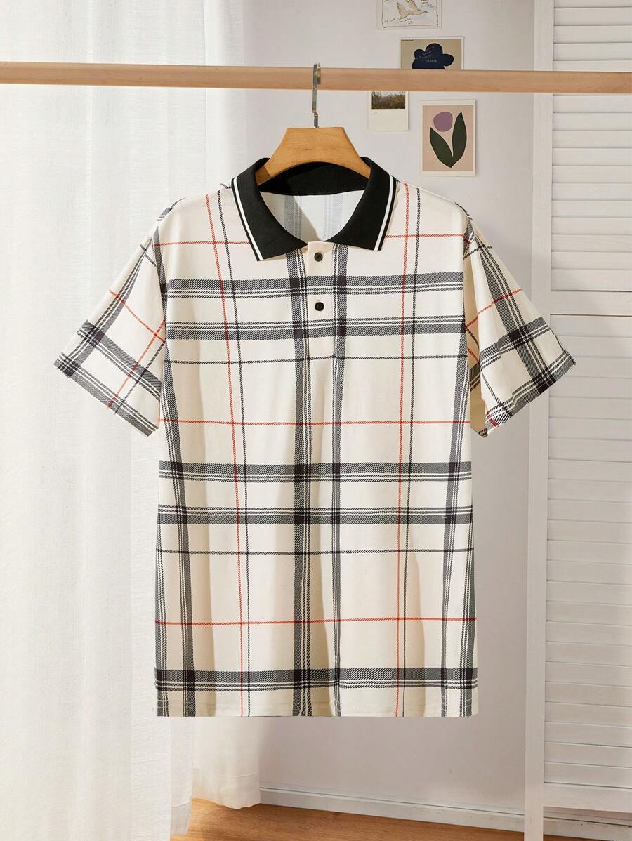 EASEVO Plus Size Men's Plaid Pattern Polo Shirt, Suitable For Summer - Khaki - View 1