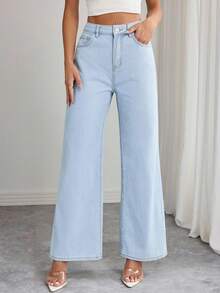 EMERY ROSE Women's Floral Embroidered Pocket Wide Leg Loose Casual Denim Jeans - Light Wash - View 3