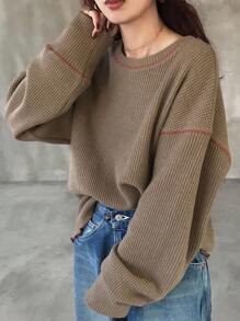 FRIFUL 女士宽松圆领插肩袖纯色撞色滚边休闲T恤，秋季长袖女款